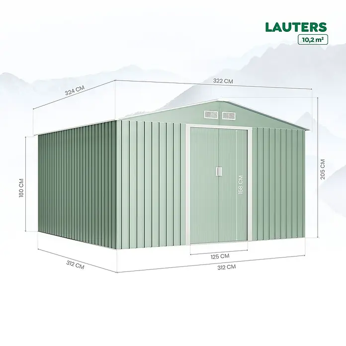 Hoggar Caseta para jardín Lauters - Verde, 322 x 324 x 205 cm, Acero - Dibujo técnico