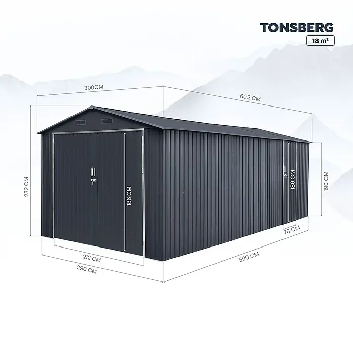 Hoggar Garaje Tongsberg - Antracita, 300 x 602 x 232 cm, Aluminio - Dibujo técnico