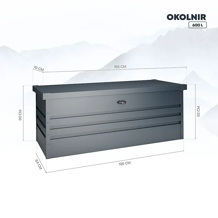 Okoru Baúl para jardín metálico Okolnir - L x An x Al: 165 x 70 x 62 cm, Antracita, Acero - Dibujo técnico