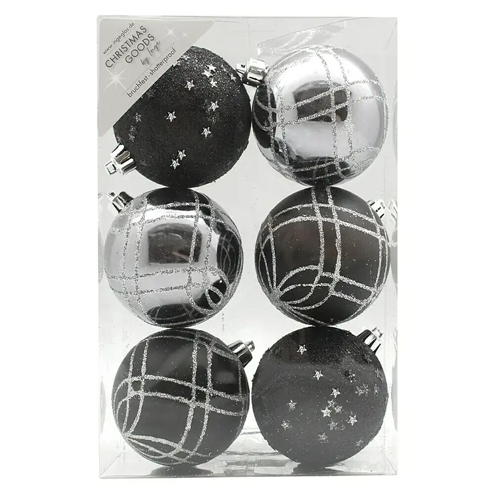 Christbaumkugel-Mix - Schwarz, Gold, Kunststoff, Durchmesser: 8 cm, 6 Stk. - Vorderansicht