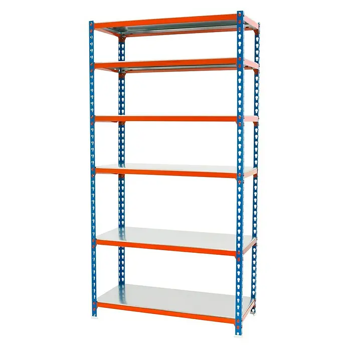 Simonrack Simonclick Estantería metálica Megaplus - L x An x Al: 40 x 120 x 250 cm, Capacidad de carga: 200 kg/balda, Número de baldas: 6 ud., Inserción, Azul/Naranja - Vista angular