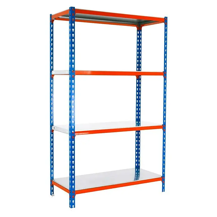 Simonrack Simonclick Estantería metálica Superplus - L x An x Al: 40 x 110 x 150 cm, Capacidad de carga: 200 kg/balda, Número de baldas: 4 ud., Inserción, Azul/Naranja - Vista angular
