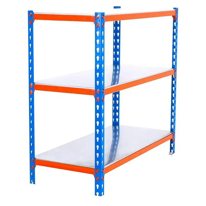 Simonrack Simonclick Estantería metálica Superplus - L x An x Al: 30 x 110 x 100 cm, Capacidad de carga: 200 kg/balda, Número de baldas: 3 ud., Inserción, Azul/Naranja - Vista angular