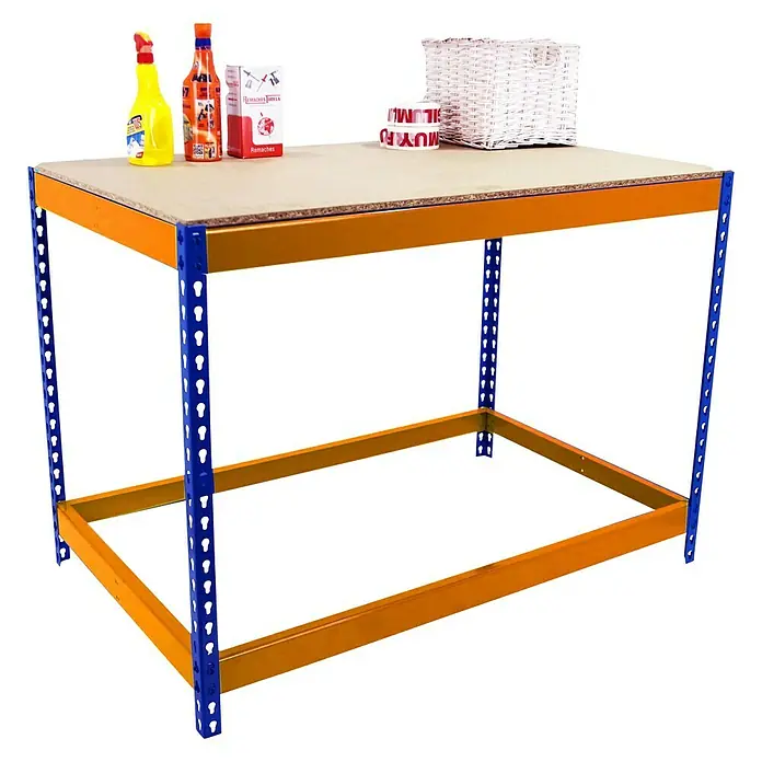 Simonrack Simonwork Mesa de trabajo Basic 1 - L x An x Al: 75 x 180 x 90 cm, Capacidad de carga: 400 kg, Azul/Naranja - Vista angular
