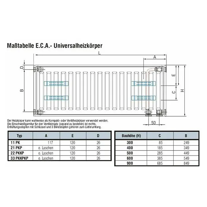 Universal-Kompaktheizkörper TYP 22 PKKP - B x H: 140 x 60 cm, 6-fach, Typ: DK-22, 2.531 W - Skizze