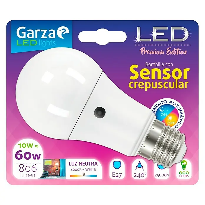 Garza Bombilla LED con sensor crepuscular - 10 W, E27, Color de luz: Blanco neutro, No regulable, Redonda