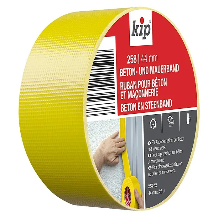 Kip Pokrivna traka Beton- und Mauerband 258 - 25 m x 44 mm, 0,2 mm, Tkanina (finoće 32), Otporno na temperature: Od -50 °C do +65 °C, Samoljepljivo - Pogled s lijeve strane