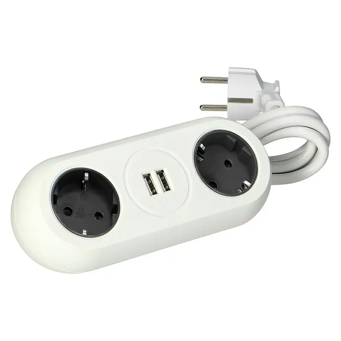 Stolna utičnica s USB priključkom - Broj šuko utičnica: 2 Kom., Bijele boje, 2 USB priključka - Dijagonalni pogled