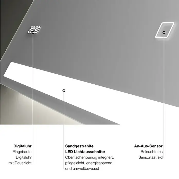 DSK LED-Lichtspiegel Silver Rey - 120 x 60 cm, Uhr - Skizze