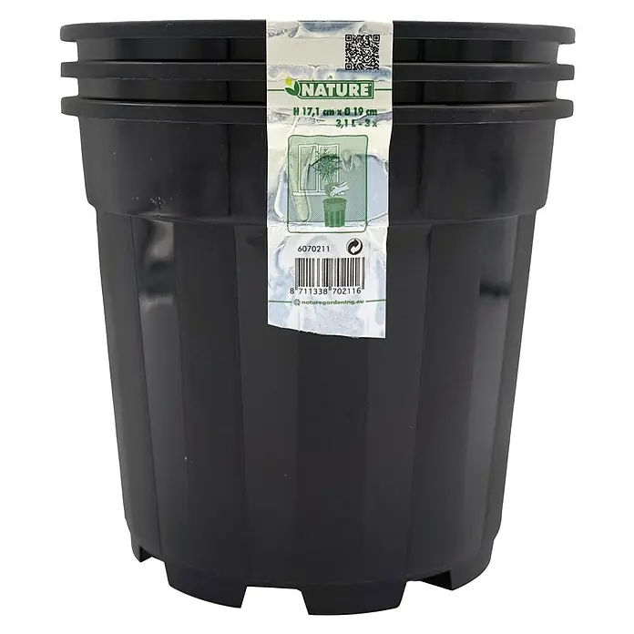 Nature Plantenpot - 3 st., 3,1 l, Kunststof, Zwart - Vooraanzicht