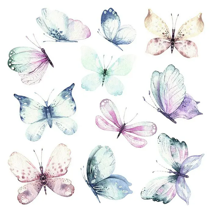 Adhesivos decorativos Mariposas acuarela - Lámina autoadhesiva, 31 x 31 cm, Multicolor - Primer plano