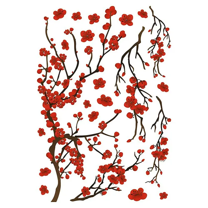 Adhesivos decorativos Ramas flores rojas - Lámina autoadhesiva, 67 x 47 cm, Rojo/Marrón - Primer plano