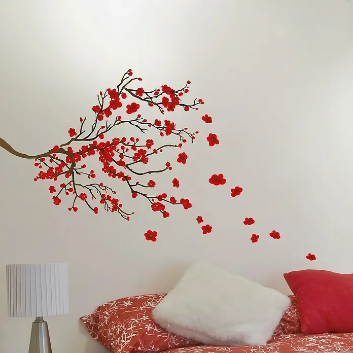 Adhesivos decorativos Ramas flores rojas - Lámina autoadhesiva, 67 x 47 cm, Rojo/Marrón - Foto ambiente
