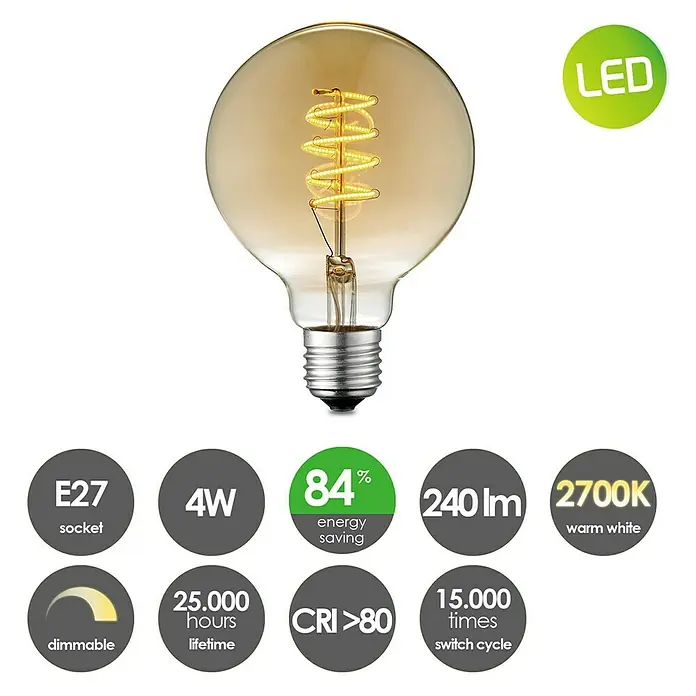 Home Sweet Home LED-Leuchtmittel - E27, 4 W, G95, 140 lm, Bernstein - Skizze