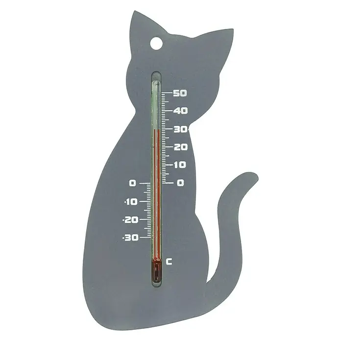 Nature Buitenthermometer grijze kat - Hoogte: 23,1 cm, Kunststof, Grijs - Vooraanzicht