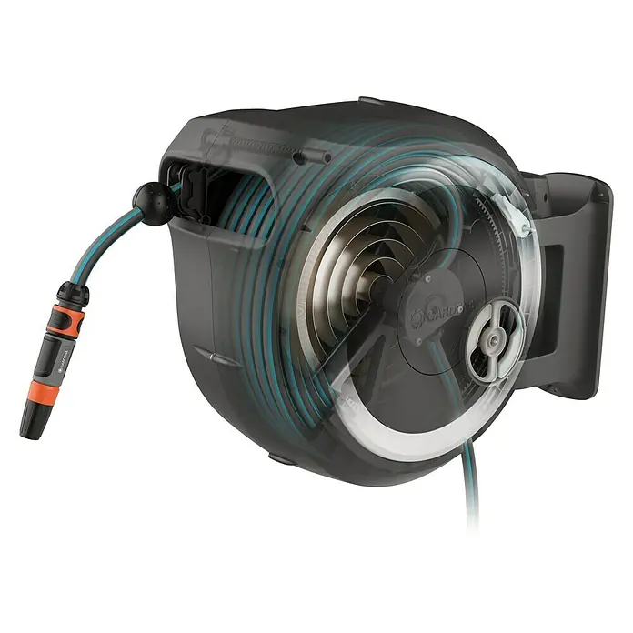 Gardena Wand-Schlauchbox RollUp M/L - Schlauchlänge: 25 m - Diagonale Ansicht