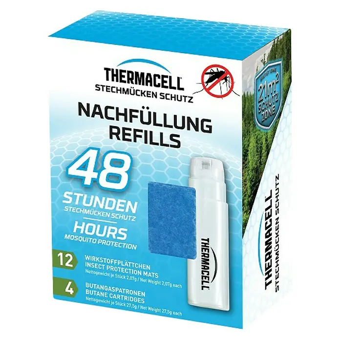 Thermacell Stechmückenschutz-Nachfüllpackung R4 - 4 Butangaspatronen, 12 Wirkstoffplättchen - Diagonale Ansicht