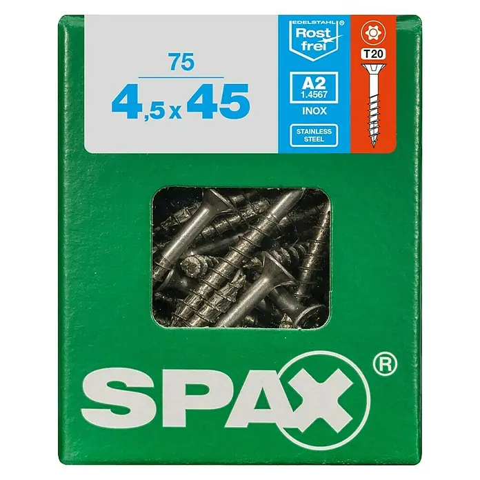 Spax Senkkopfschraube - Ø x L: 4,5 x 45 mm, Edelstahl rostfrei A2, 75 Stk. - Vorderansicht