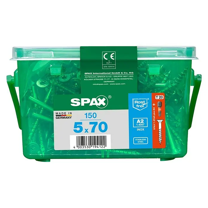 Spax Senkkopfschraube T-Star Plus - Ø x L: 5 x 70 mm, Edelstahl rostfrei A2, 150 Stk., Teilgewinde - Vorderansicht