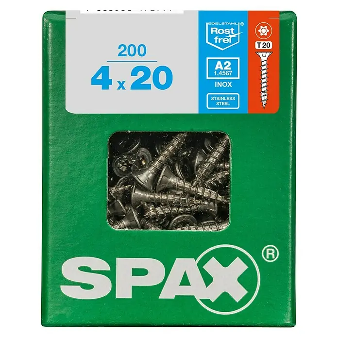 Spax Senkkopfschraube - Ø x L: 4 x 20 mm, Edelstahl rostfrei A2, 200 Stk. - Vorderansicht