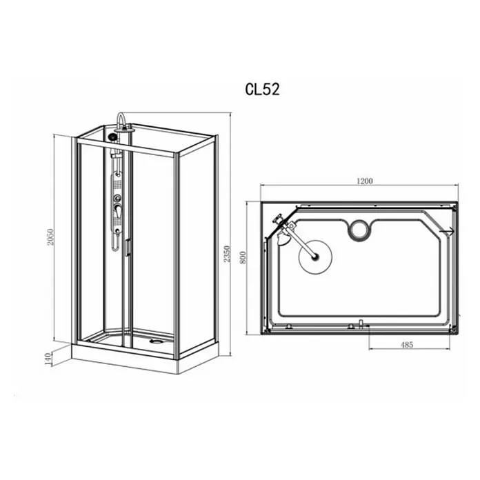 Kompletna tuš kabina Epic 3 - D x Š x V: 120 x 80 x 235 cm, Crne boje/Bijele boje - Skica