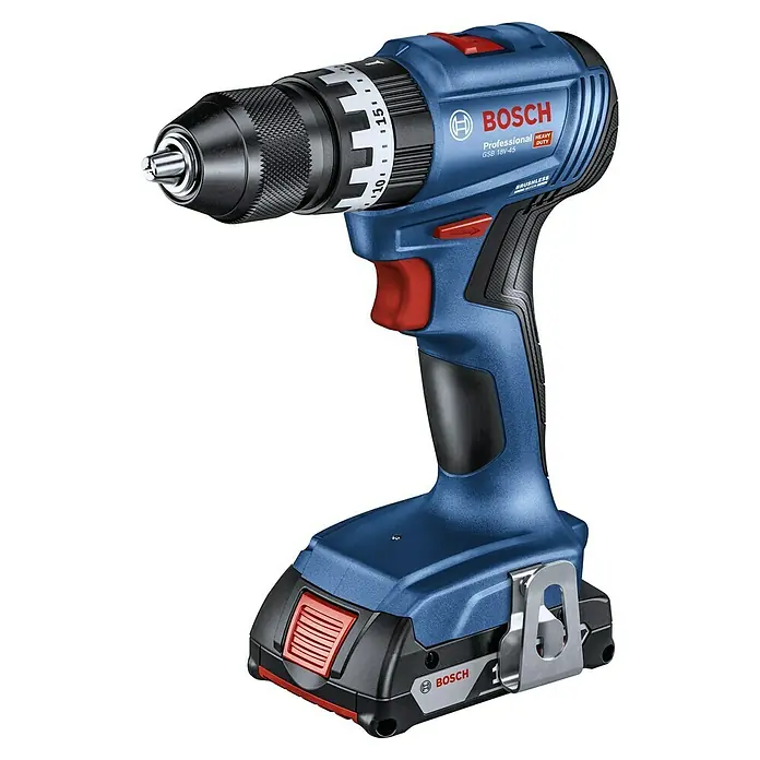 Bosch Professional Akku-Schlagbohrschrauber GSB 18V-45 - 18 V, 2 Akkus, 4 Ah, Leerlaufdrehzahl: 0 U/min - 1.900 U/min - Diagonale Ansicht