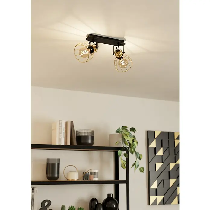 Eglo Sambatello Deckenstrahler - 80 W, L x B x H: 48 x 28 x 26 cm, Schwarz/Messing-gebürstet, E27, 2 Stk. - Stimmungsaufnahme