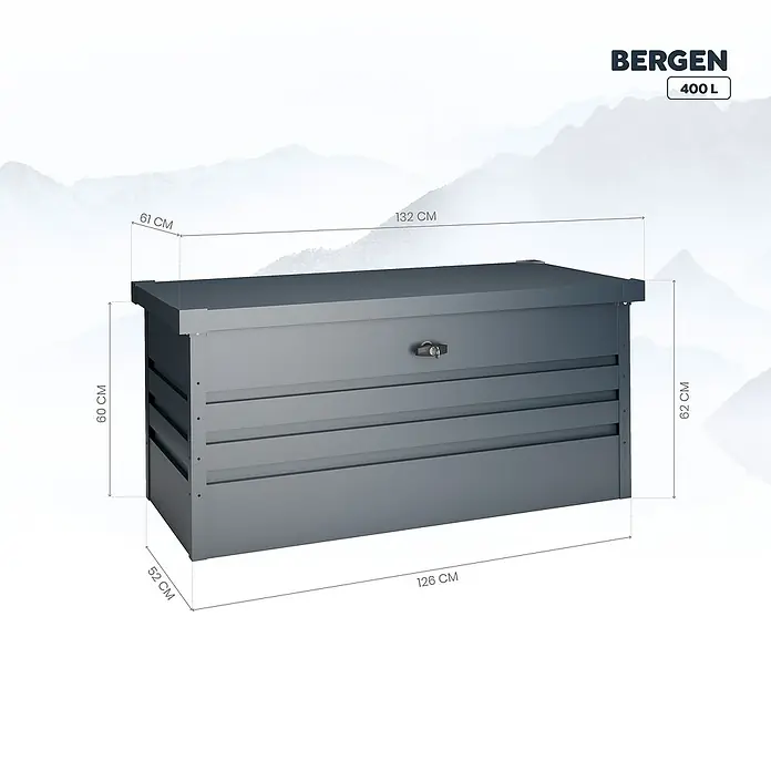 Okoru Baúl para jardín metálico Bergen - L x An x Al: 132 x 61 x 62 cm, Antracita, Acero - Dibujo técnico