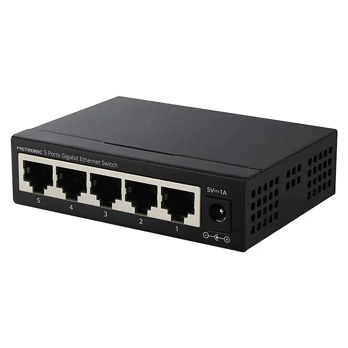 Metronic Conmutador 5 x RJ45 - Negro, Ubicar - Vista angular