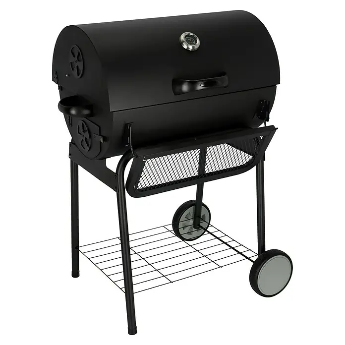 Grillstar Holzkohlegrill Grilltonne - L x B x H: 71 x 109 x 87 cm, Schwarz, Hauptgrillfläche: 64 x 43 cm - Diagonale Ansicht