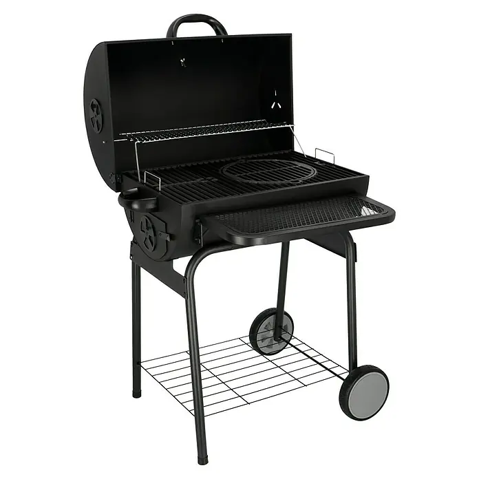 Grillstar Holzkohlegrill Grilltonne - L x B x H: 71 x 109 x 87 cm, Schwarz, Hauptgrillfläche: 64 x 43 cm - Diagonale Ansicht