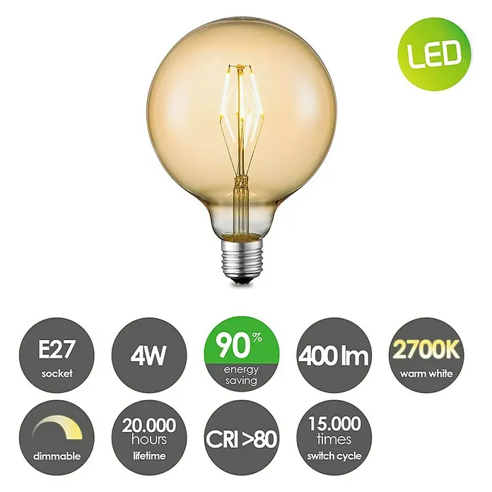Home Sweet Home LED-Leuchtmittel Edison - 4 W, E27, Warmweiß, Globe, Durchmesser: 12,5 cm - Informationsansicht