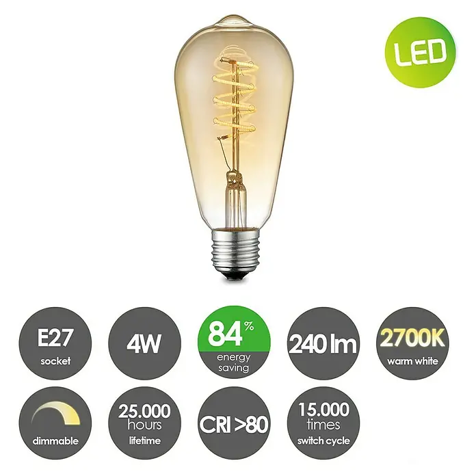 Home Sweet Home LED-Leuchtmittel Drop Spiral - E27, Bernstein, 4 W, 140 lm - Informationsansicht
