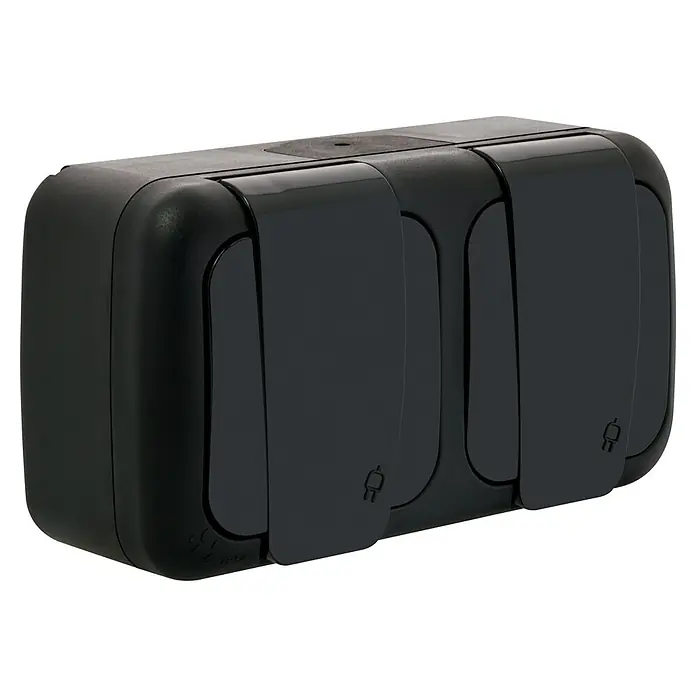Ibelec Viko Enchufe doble para estancias con humedad - Negro, Plástico, 16 A, En pared - Vista angular