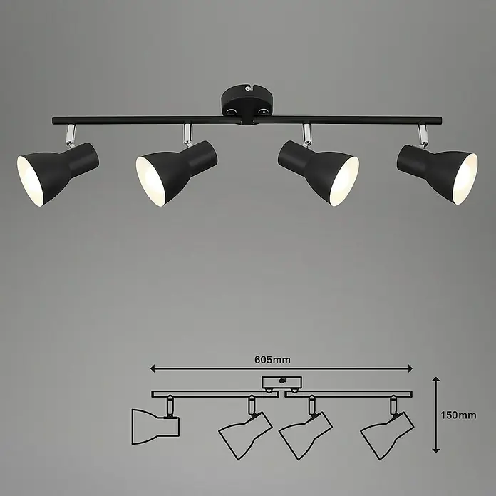 Briloner Cup Regleta - 4 ud., 100 W, L x An x Al: 8 x 60,5 x 15 cm, Negro, Negro, E14 - Dibujo técnico