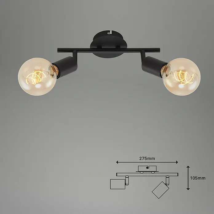 Briloner Pearl Regleta - 2 ud., 120 W, L x An x Al: 27,5 x 18 x 10,5 cm, Negro, Negro, E27 - Dibujo técnico