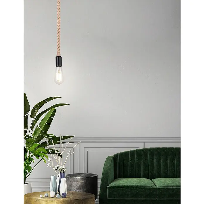 Globo Lámpara colgante redonda Cuerda - 60 W, Ø x Al: 10 x 160 cm, Negro, E27 - Foto ambiente