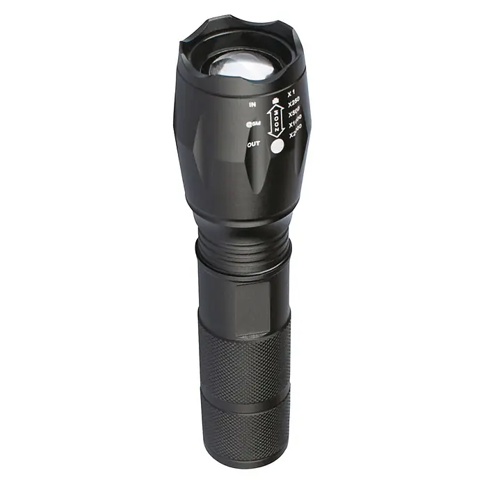 LED-Taschenlampe Zoom mit Powerbank - Ø x L: 4,5 x 14,5 cm, Akkubetrieben, 10 W, Leuchtweite: 250 m, Schwarz - Vorderansicht