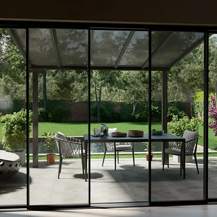 Terrassenüberdachung Compact Line - L x T: 304 cm x 250 cm, Polycarbonat, Anthrazitgrau, Transparent - Stimmungsaufnahme