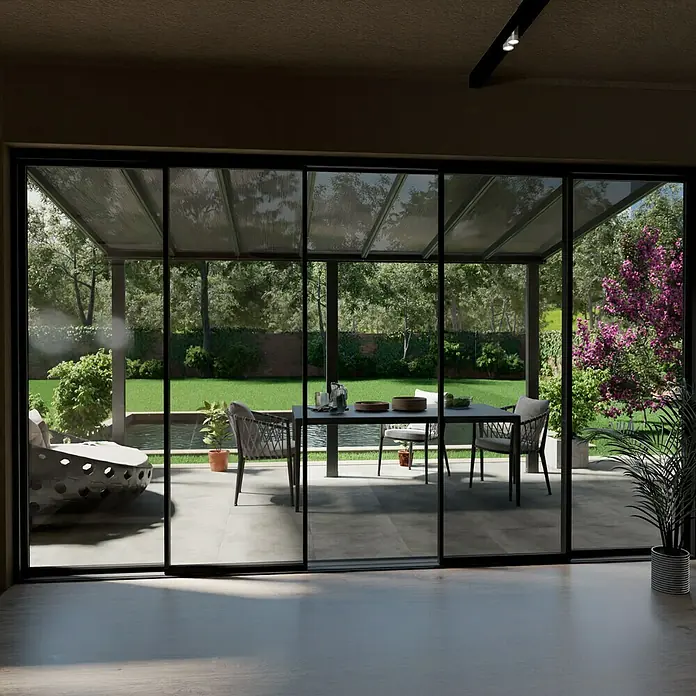 Terrassenüberdachung Compact Line - L x T: 424 cm x 250 cm, Polycarbonat, Anthrazitgrau, Transparent - Stimmungsaufnahme