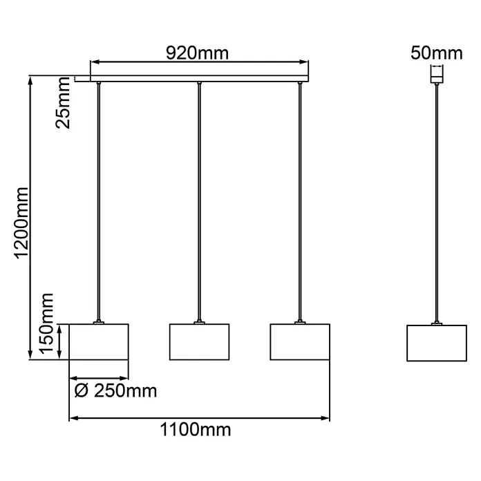 Brilliant Wiley Pendelleuchte - 52 W, L x B x H: 25 x 110 x 120 cm, Schwarz, E27 - Skizze