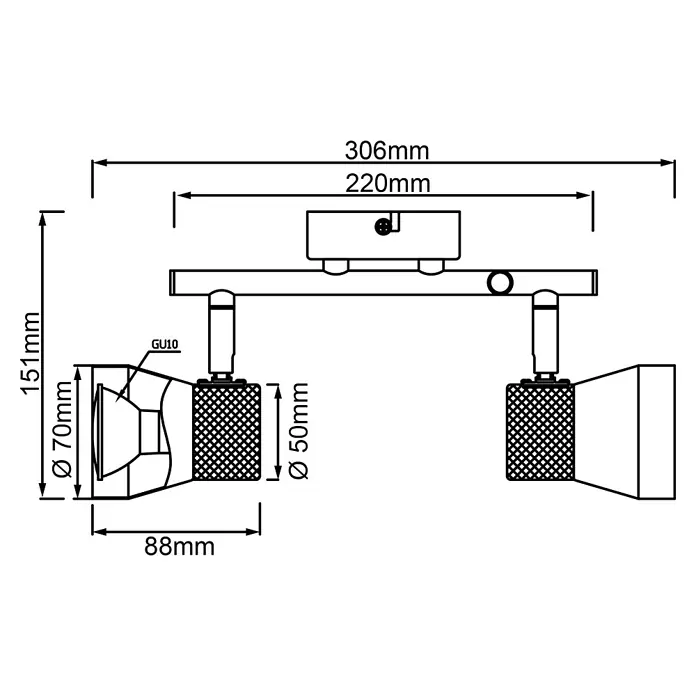 Brilliant Moka Deckenstrahler - 10 W, L x B x H: 8 x 30 x 16 cm, Weiß, GU10, 2 Stk. - Skizze