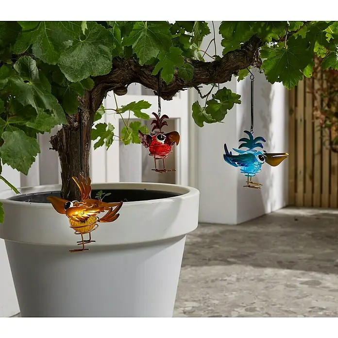 Luxform LED-Solar-Dekoleuchte Vögel - Blau, Gelb, Rot, L x B x H: 6,5 x 14,5 x 26 cm - Stimmungsaufnahme