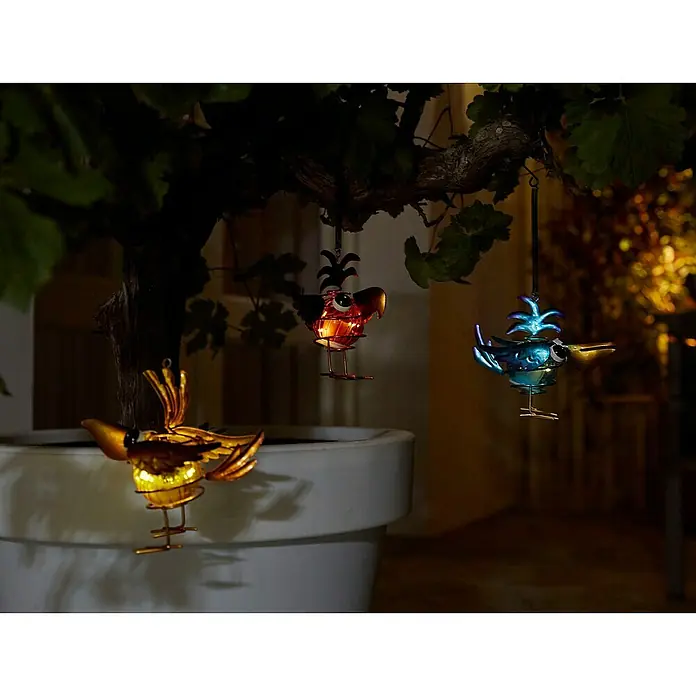 Luxform LED-Solar-Dekoleuchte Vögel - Blau, Gelb, Rot, L x B x H: 6,5 x 14,5 x 26 cm - Stimmungsaufnahme