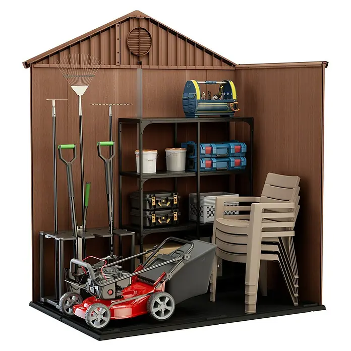 Keter Caseta para jardín Darwin 6x4 - Profundidad exterior incluido el voladizo del techo: 121 cm, Ancho exterior incluido el voladizo del techo: 190 cm, Espesor de pared: 16 mm, Marrón - Producto en uso