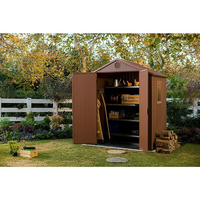 Keter Caseta para jardín Darwin 6x4 - Profundidad exterior incluido el voladizo del techo: 121 cm, Ancho exterior incluido el voladizo del techo: 190 cm, Espesor de pared: 16 mm, Marrón - Foto ambiente