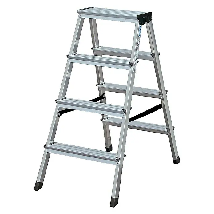 Krause Monto Stufen-Doppelleiter Dopplo - Arbeitshöhe: 2,4 m, Anzahl Tritte: 2 x 4 Stufen, Tiefe Stufen: 80 mm, Aluminium - Linke Seitenansicht