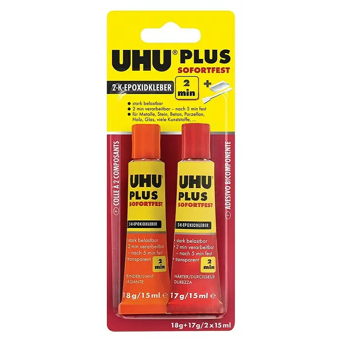 UHU 2K-Epoxidharzkleber plus sofortfest - 35 g, Farblos/Transparent, Lösemittelfrei, Epoxidharzbasis, Polymerkaptan (Härter), -40 °C bis +80 °C - Vorderansicht