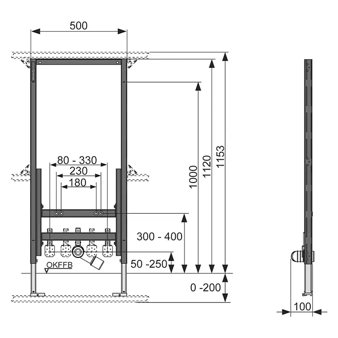Tece Profil Bidet-Montageelement - 10 x 50 x 112 cm, Pulverbeschichtet - Skizze