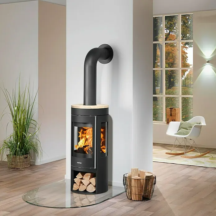 Justus Kaminofen Mino Trios 2.0 - 5 kW, Raumheizvermögen: 88 m³, Material Abdeckung: Sandstein, Schwarz